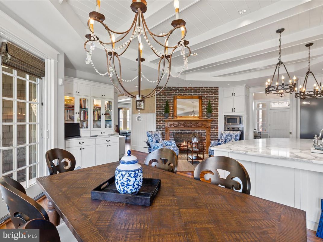 Chandelier, Dining room, Fireplace, Interior, Kitchen, Living room, Pendant Lights, Recessed Lighting, Stone Walls