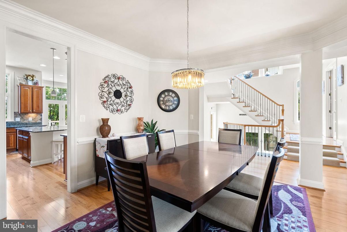 Dining room, Interior, Pendant Lights, Recessed Lighting, Wood Texture Flooring