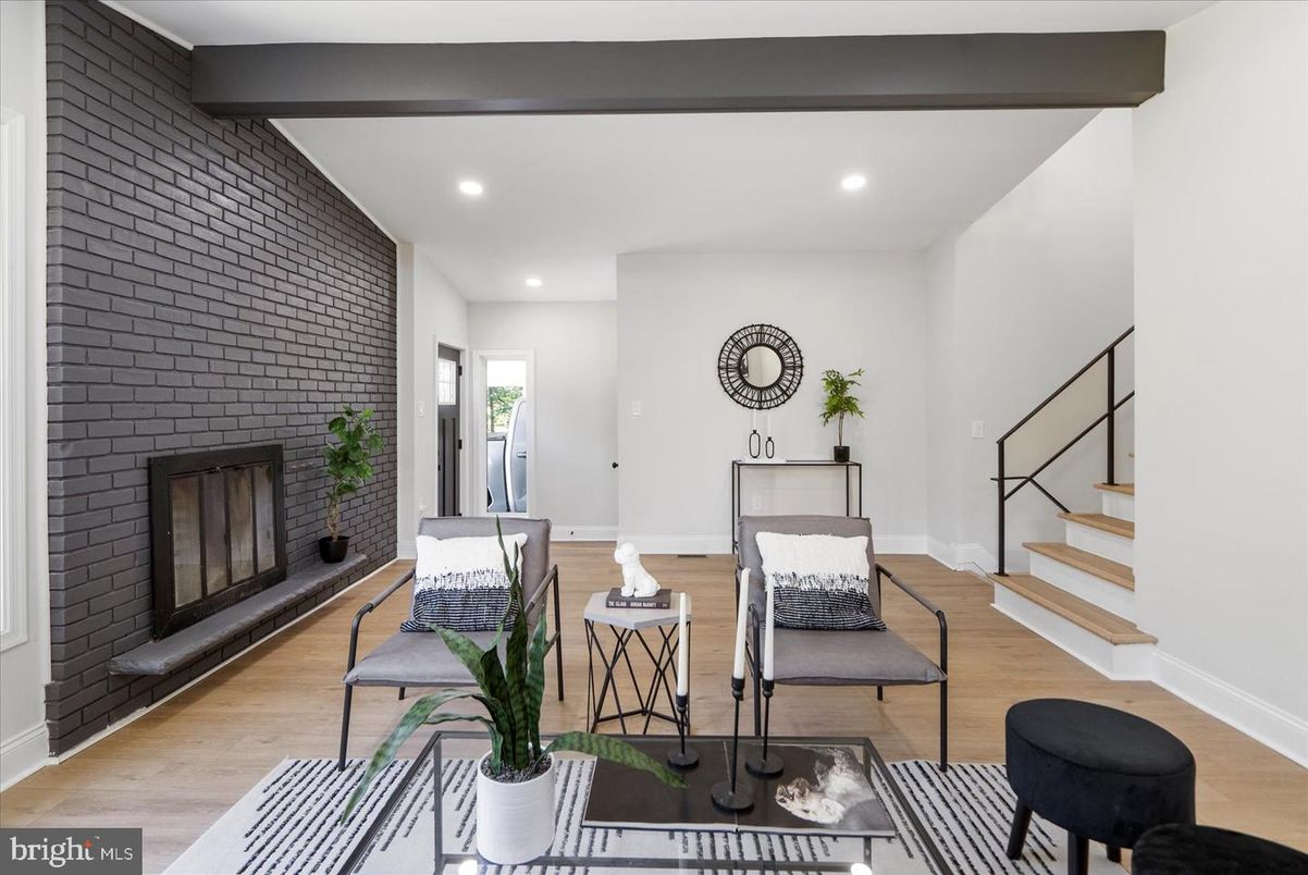 Fireplace, Interior, Recessed Lighting, Stone Walls, Wood Texture Flooring
