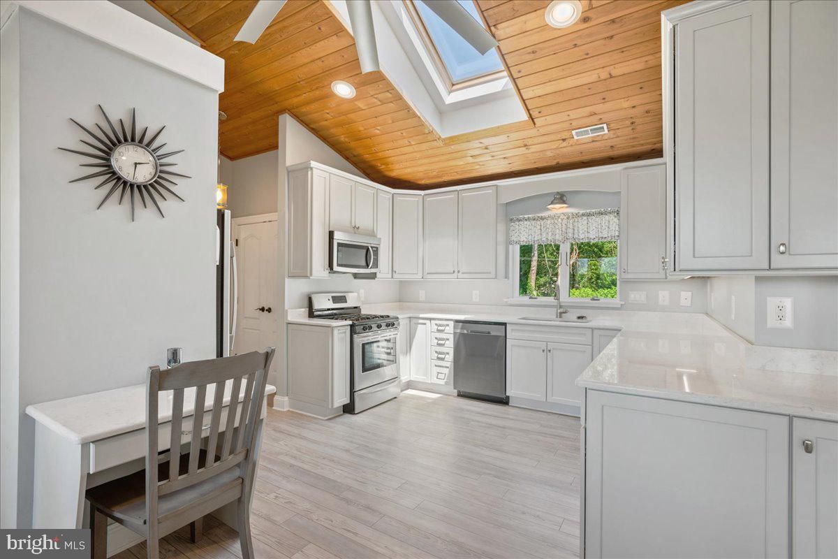 Interior, Kitchen, Recessed Lighting, Stainless Steel Appliances, Wooden Ceilings, Wood Texture Flooring