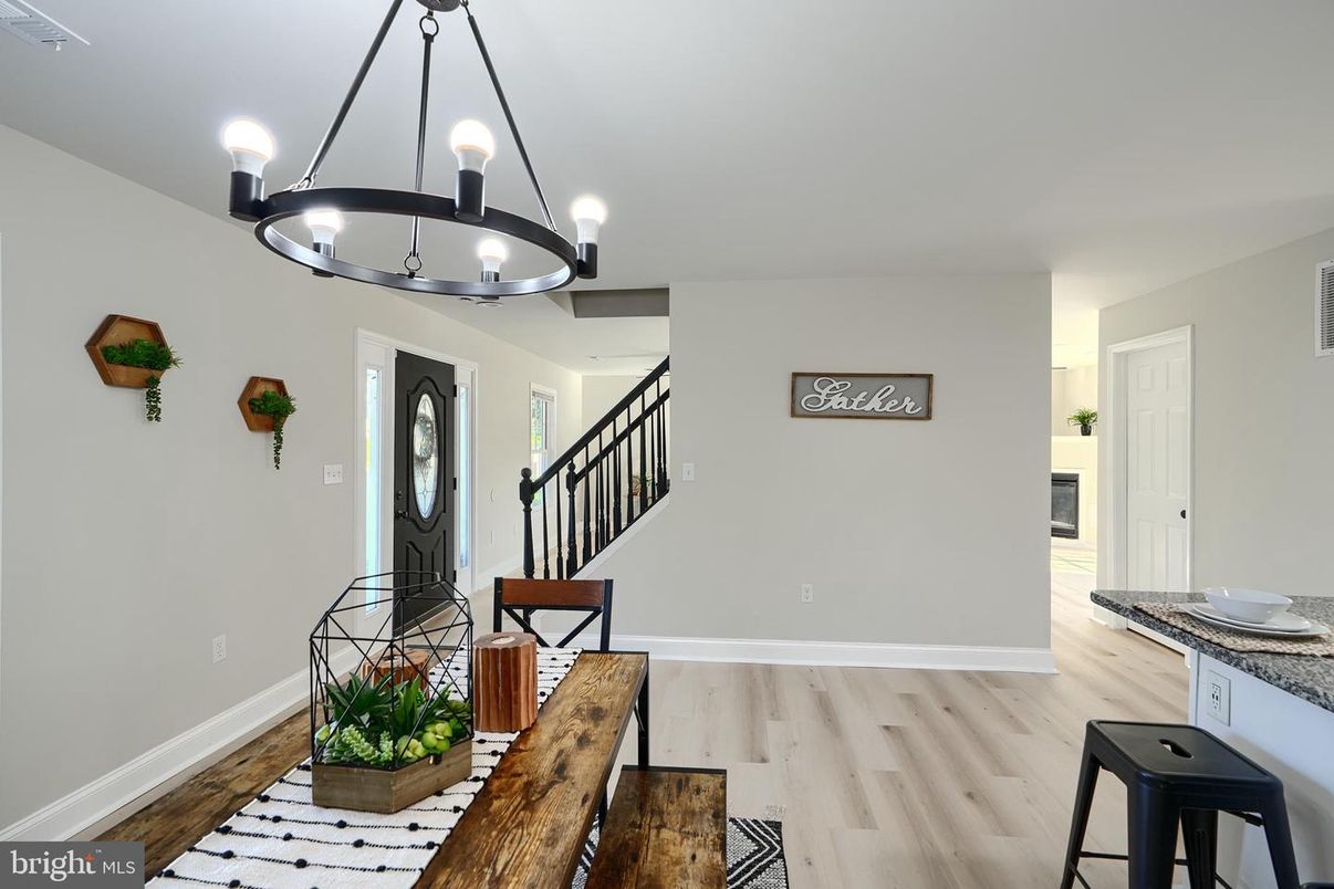 Chandelier, Dining room, Interior, Pendant Lights, Wood Texture Flooring