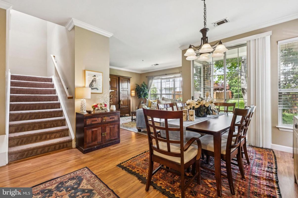 Dining room, Interior, Pendant Lights, Wood Texture Flooring