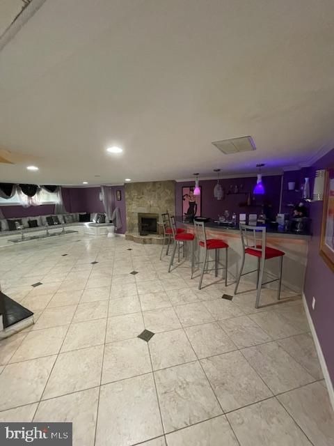 Fireplace, Interior, Recessed Lighting, Stone Walls