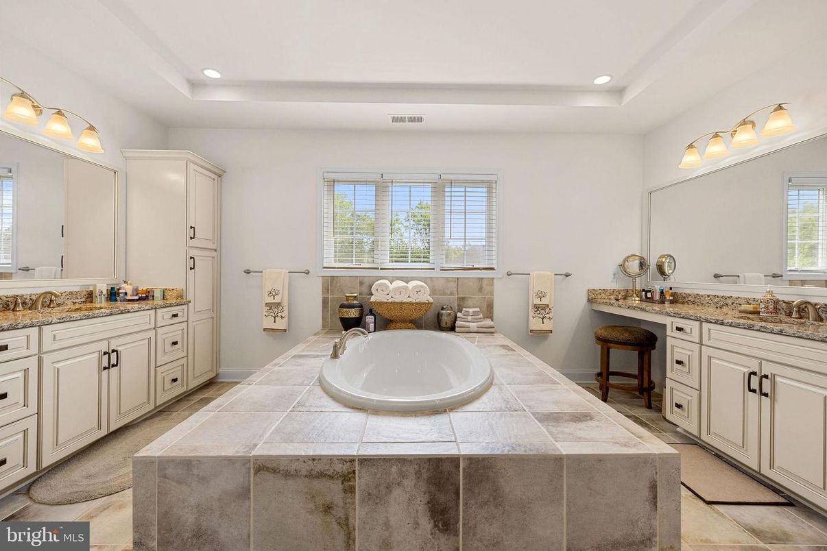 Bathroom, Dual Sink Vanities, Interior, Recessed Lighting, Tile Countertops