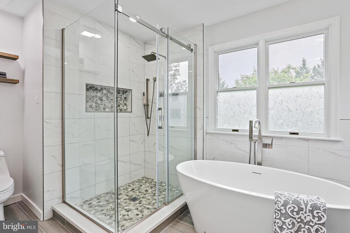 Bathroom, Free Standing Baths, Glass Shower, Interior, Marble Walls