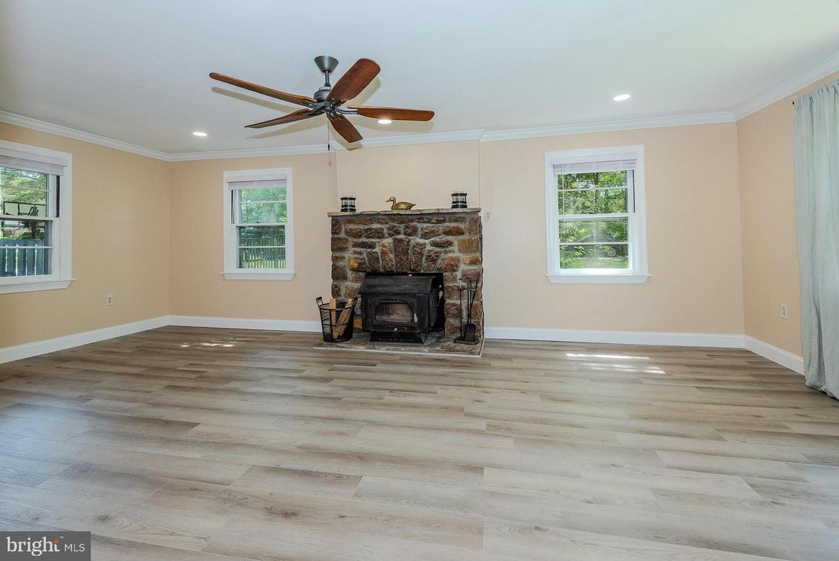 Empty room, Fireplace, Interior, Recessed Lighting, Wood Texture Flooring