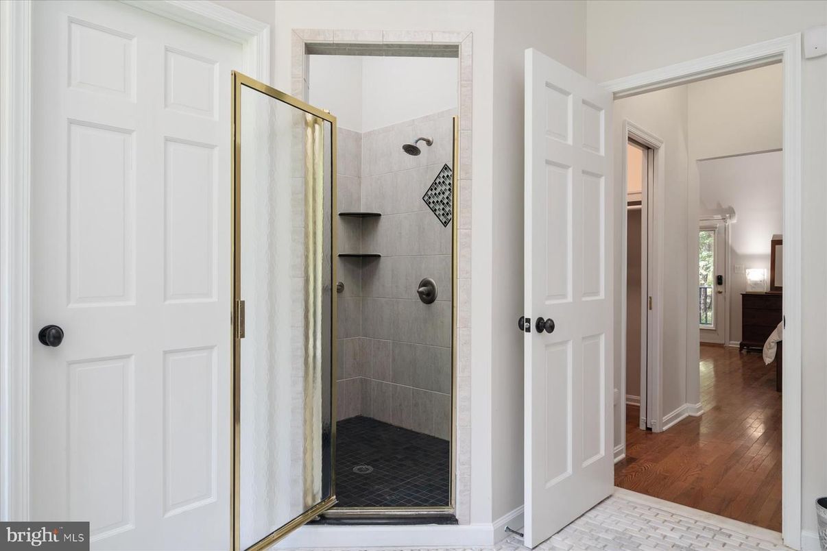 Bathroom, Glass Shower, Interior, Wood Texture Flooring