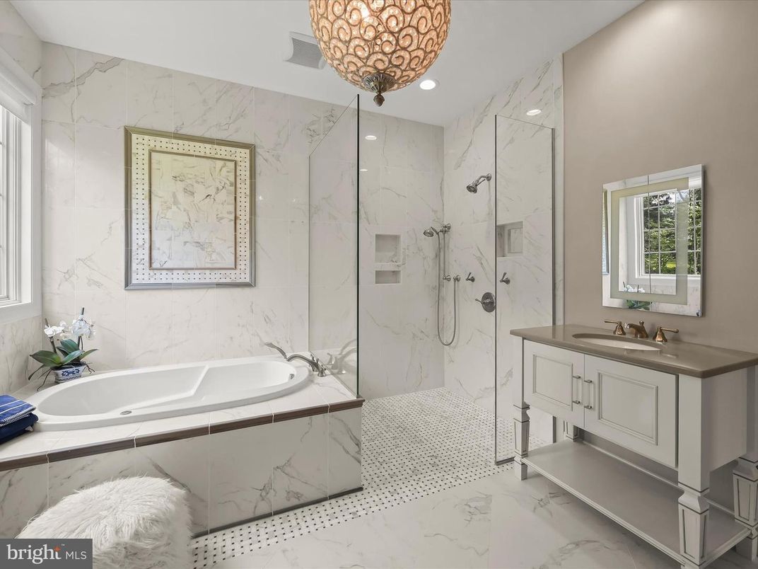 Bathroom, Chandelier, Glass Shower, Interior, Marble, Marble Walls, Recessed Lighting