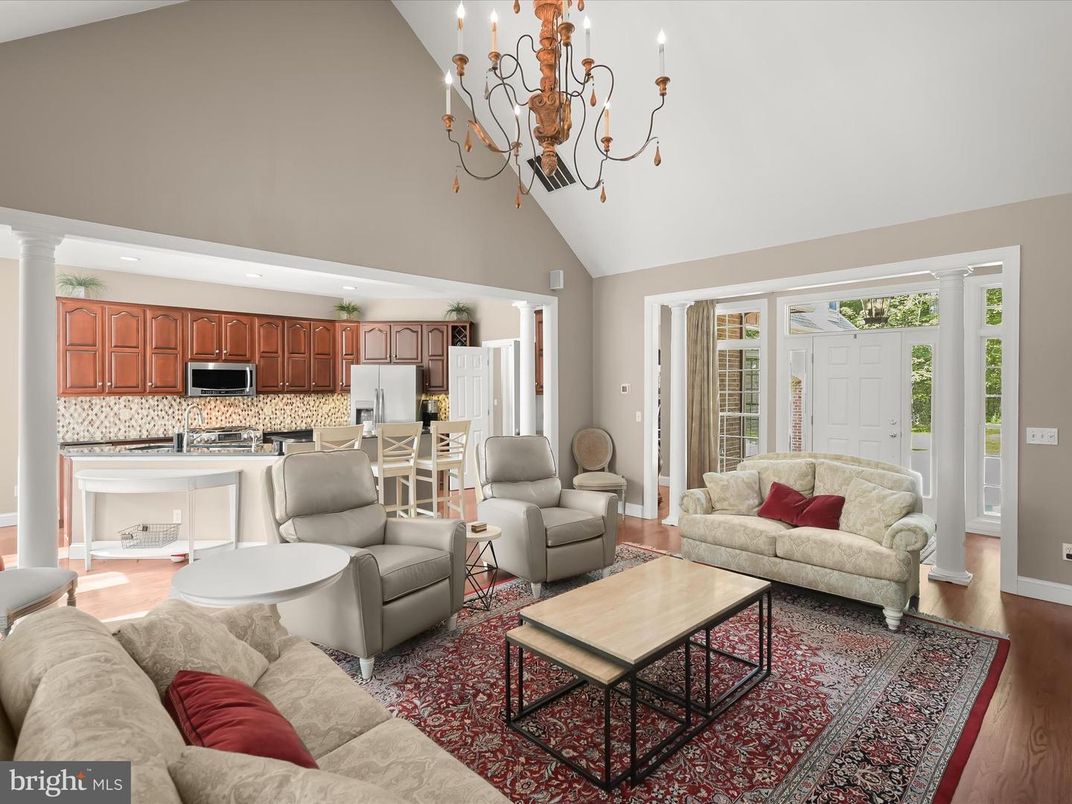 Chandelier, Interior, Kitchen, Living room, Recessed Lighting, Stainless Steel Appliances, Wood Texture Flooring