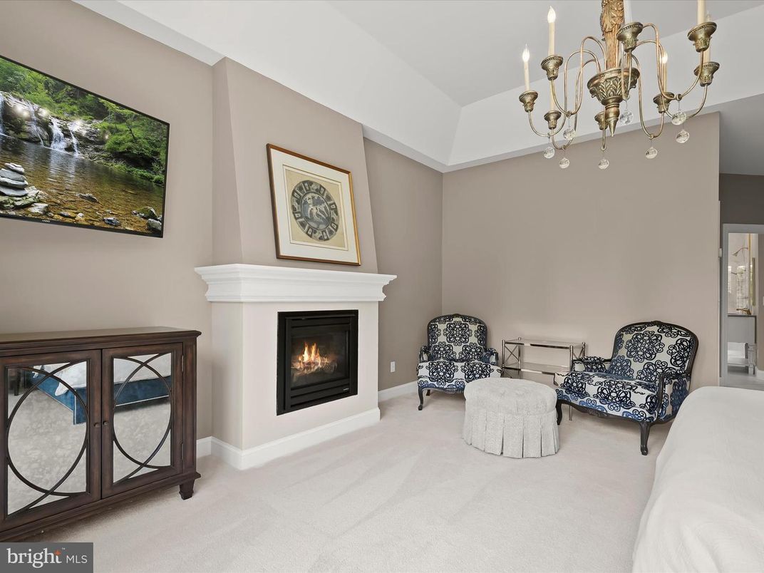 Chandelier, Fireplace, Interior