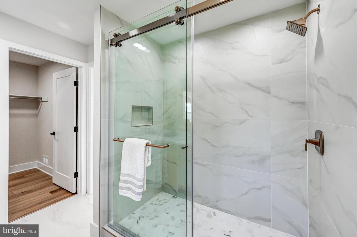Bathroom, Glass Shower, Interior, Marble, Marble Walls, Wood Texture Flooring