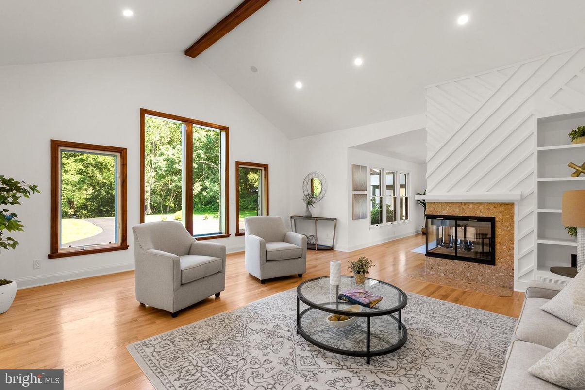 Fireplace, Interior, Living room, Recessed Lighting, Wooden Beams, Wood Texture Flooring