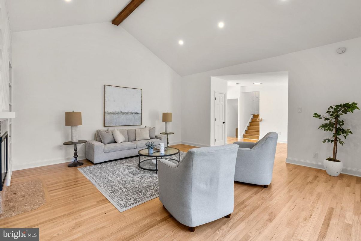 Fireplace, Interior, Living room, Recessed Lighting, Wooden Beams, Wood Texture Flooring