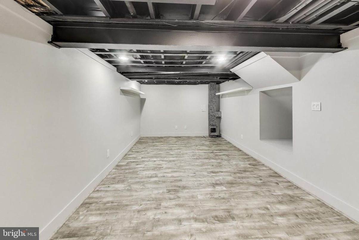 Empty room, Interior, Recessed Lighting, Stone Walls, Wood Texture Flooring