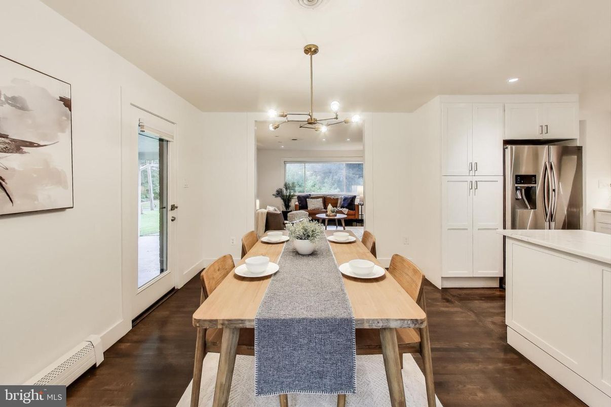 Dining room, Interior, Kitchen, Pendant Lights, Recessed Lighting, Stainless Steel Appliances, Wood Texture Flooring