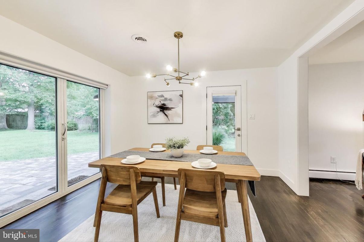 Dining room, Interior, Pendant Lights, Wood Texture Flooring