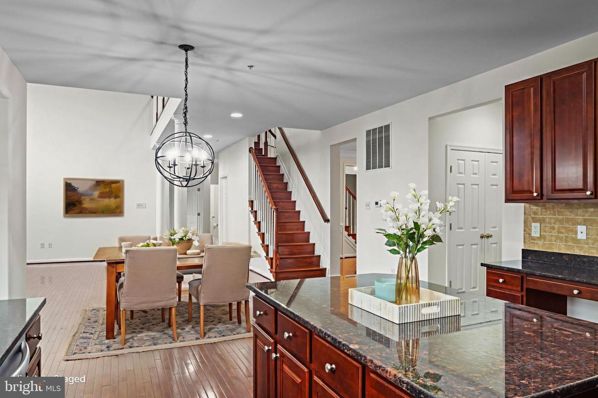 Dining room, Interior, Pendant Lights, Recessed Lighting, Wood Texture Flooring
