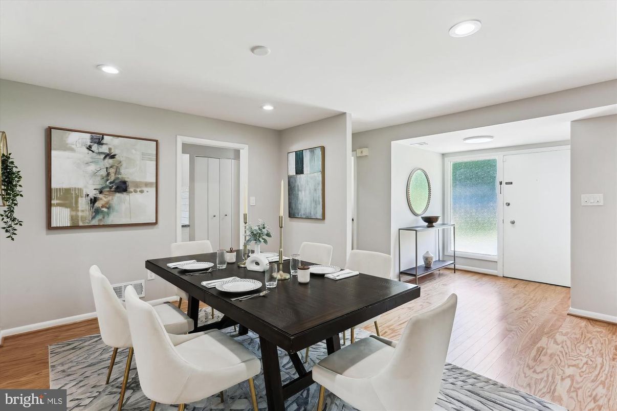 Dining room, Interior, Recessed Lighting, Wood Texture Flooring