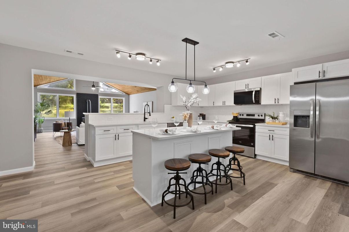 Interior, Kitchen, Pendant Lights, Stainless Steel Appliances, Wood Texture Flooring