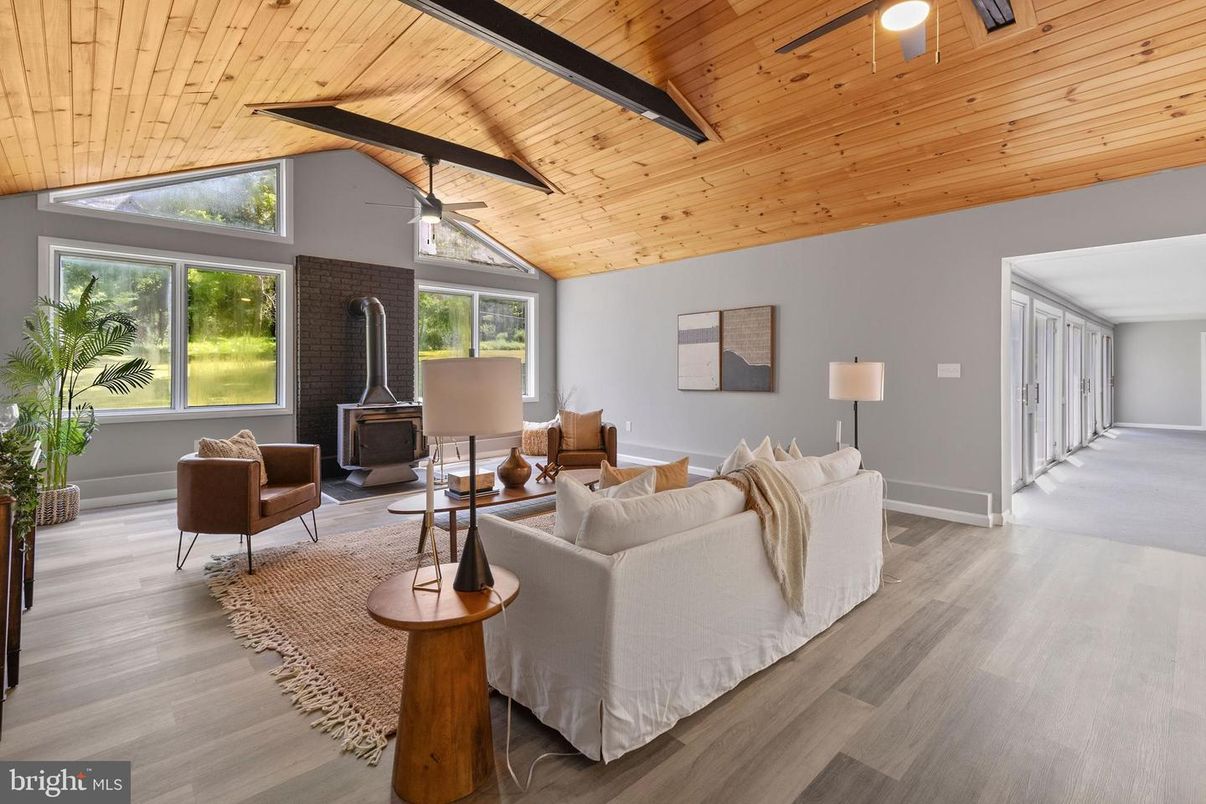 Fireplace, Interior, Living room, Recessed Lighting, Stone Walls, Wooden Beams, Wooden Ceilings, Wood Texture Flooring