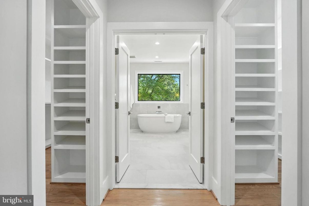 Bathroom, Free Standing Baths, Interior, Marble, Recessed Lighting, Wood Texture Flooring