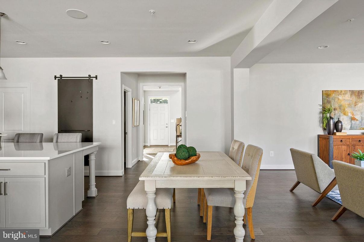 Dining room, Interior, Recessed Lighting, Wood Texture Flooring