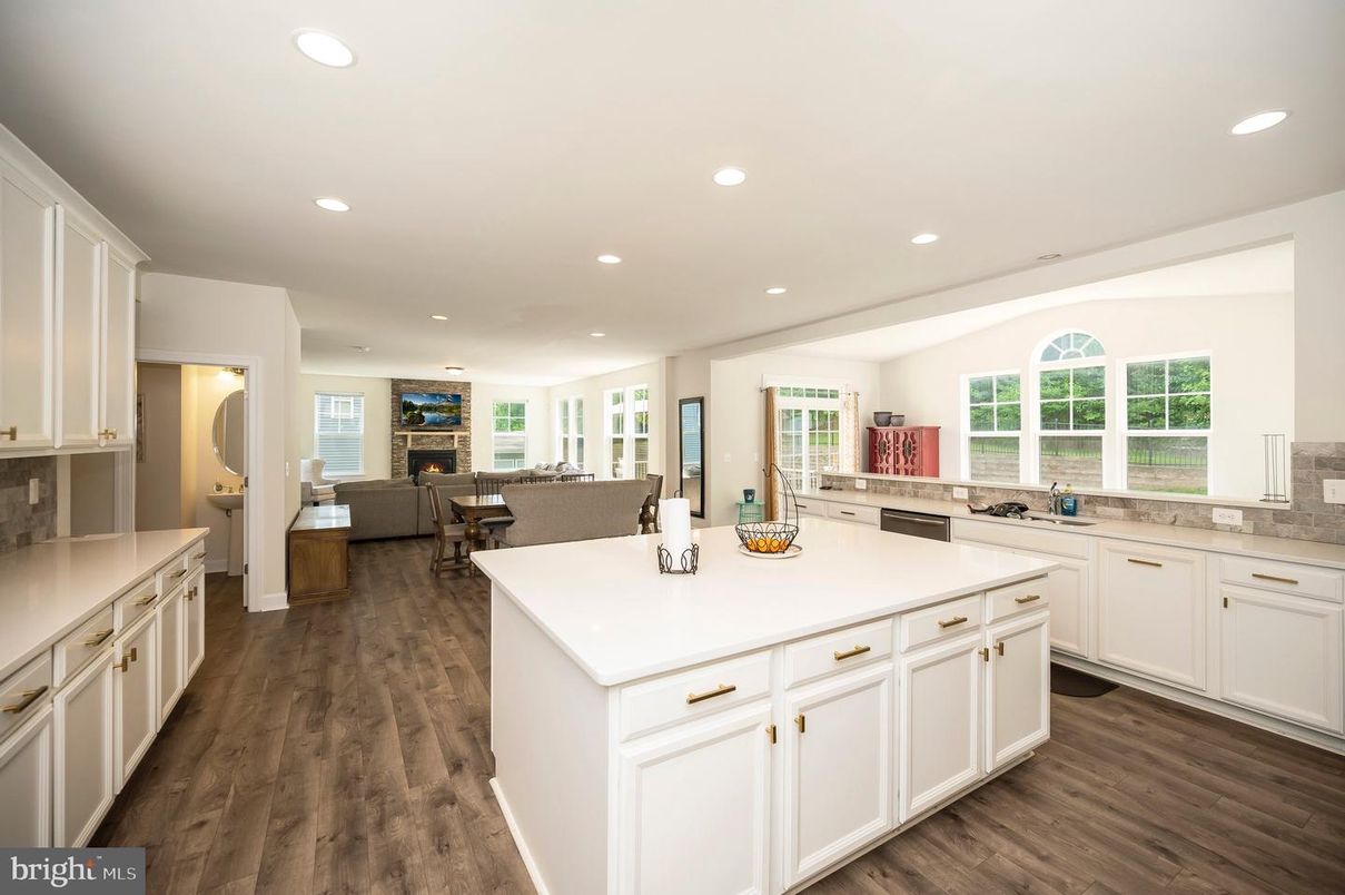 Fireplace, Interior, Kitchen, Living room, Recessed Lighting, Wood Texture Flooring