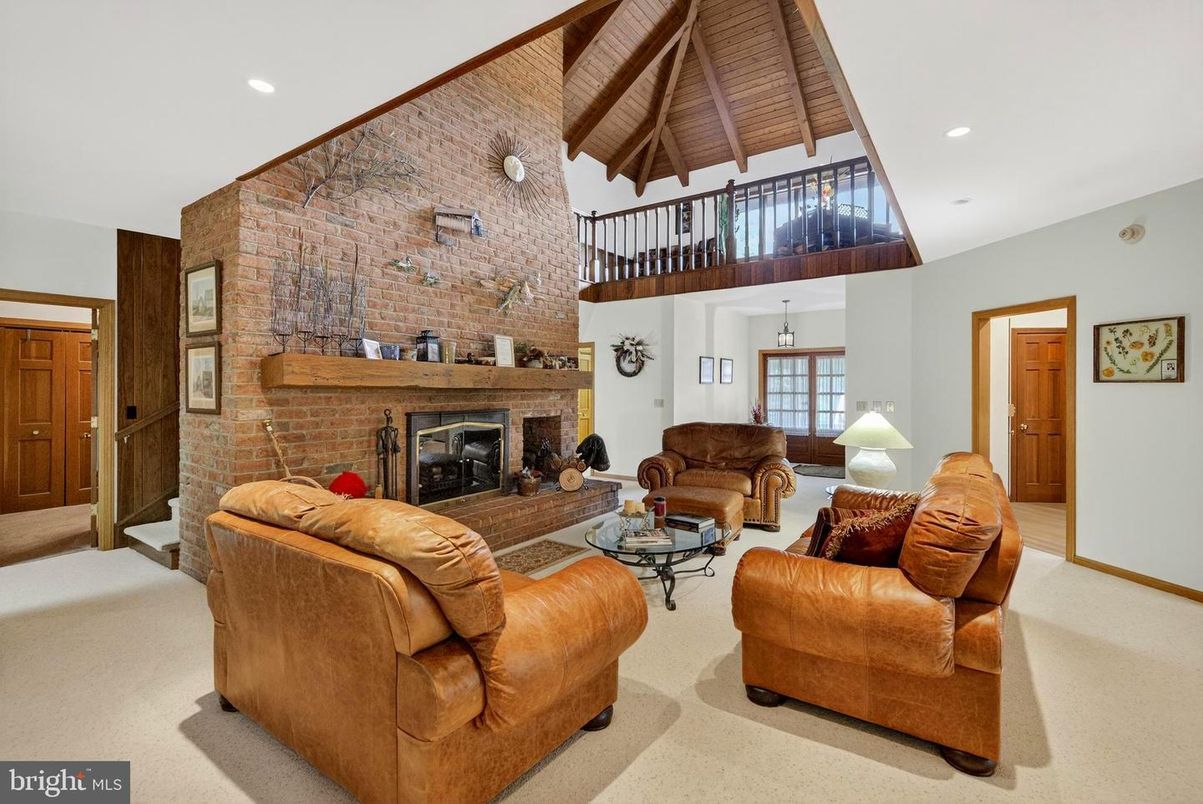 Fireplace, Interior, Living room, Recessed Lighting, Stone Walls, Wooden Beams, Wooden Ceilings