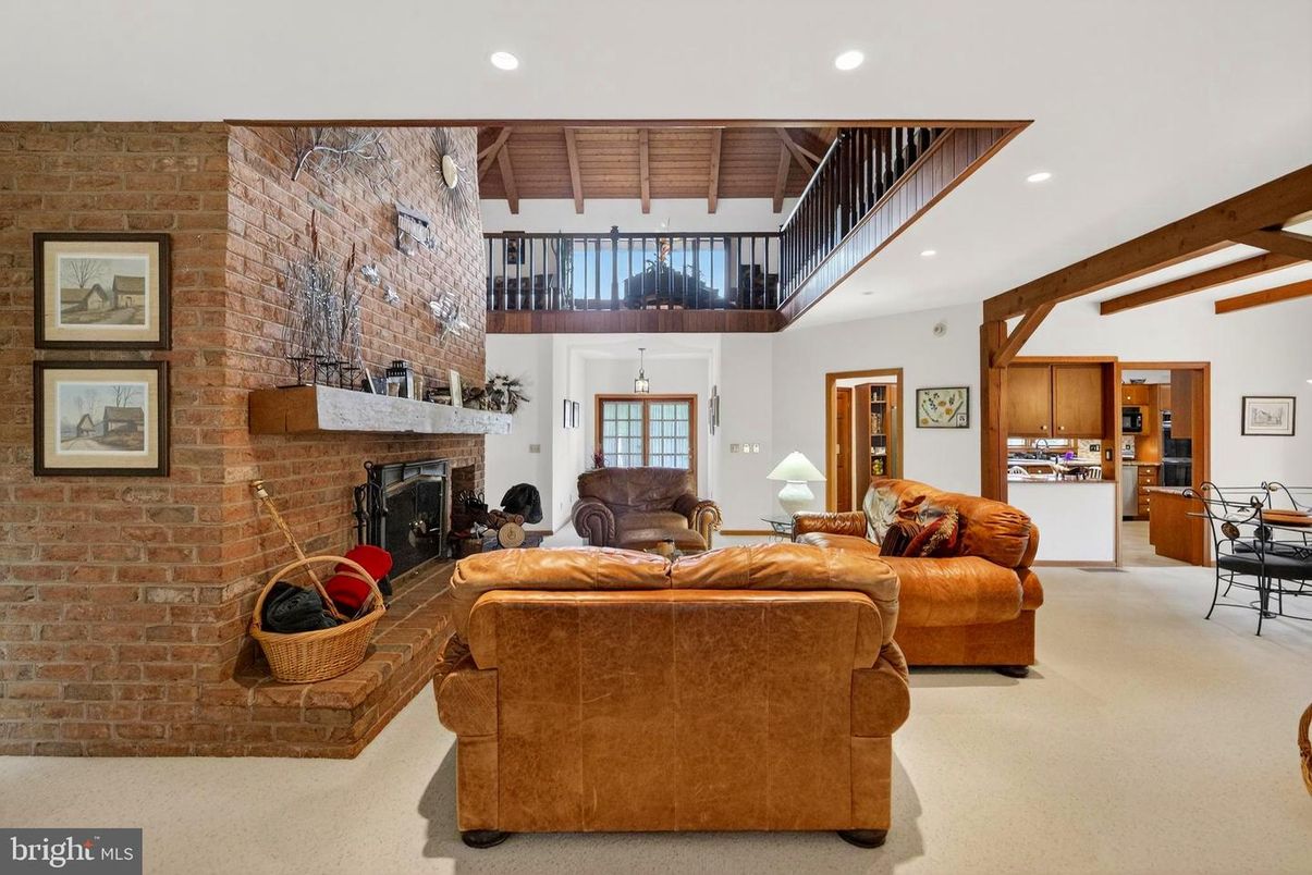 Dining room, Fireplace, Interior, Living room, Recessed Lighting, Stone Walls, Wooden Beams, Wooden Ceilings