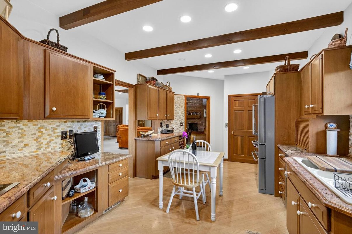 Interior, Kitchen, Recessed Lighting, Wooden Beams, Wood Texture Flooring