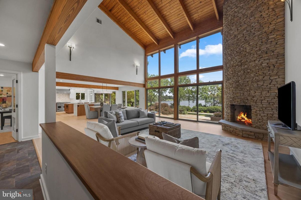 Fireplace, Interior, Living room, Recessed Lighting, Stone Walls, Wooden Beams, Wooden Ceilings