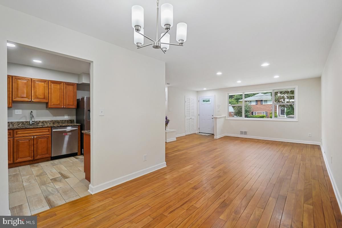 Chandelier, Empty room, Interior, Kitchen, Recessed Lighting, Wood Texture Flooring