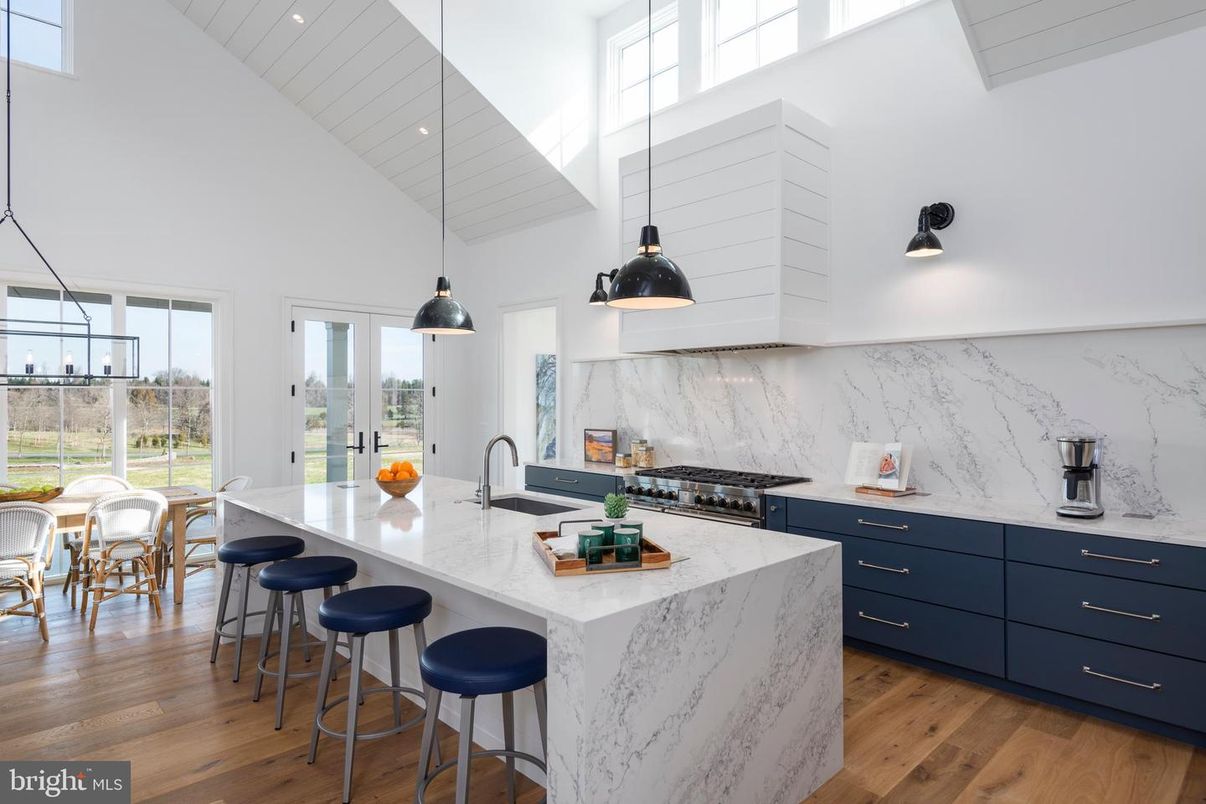 Interior, Kitchen, Marble Walls, Pendant Lights, Recessed Lighting, Wood Texture Flooring