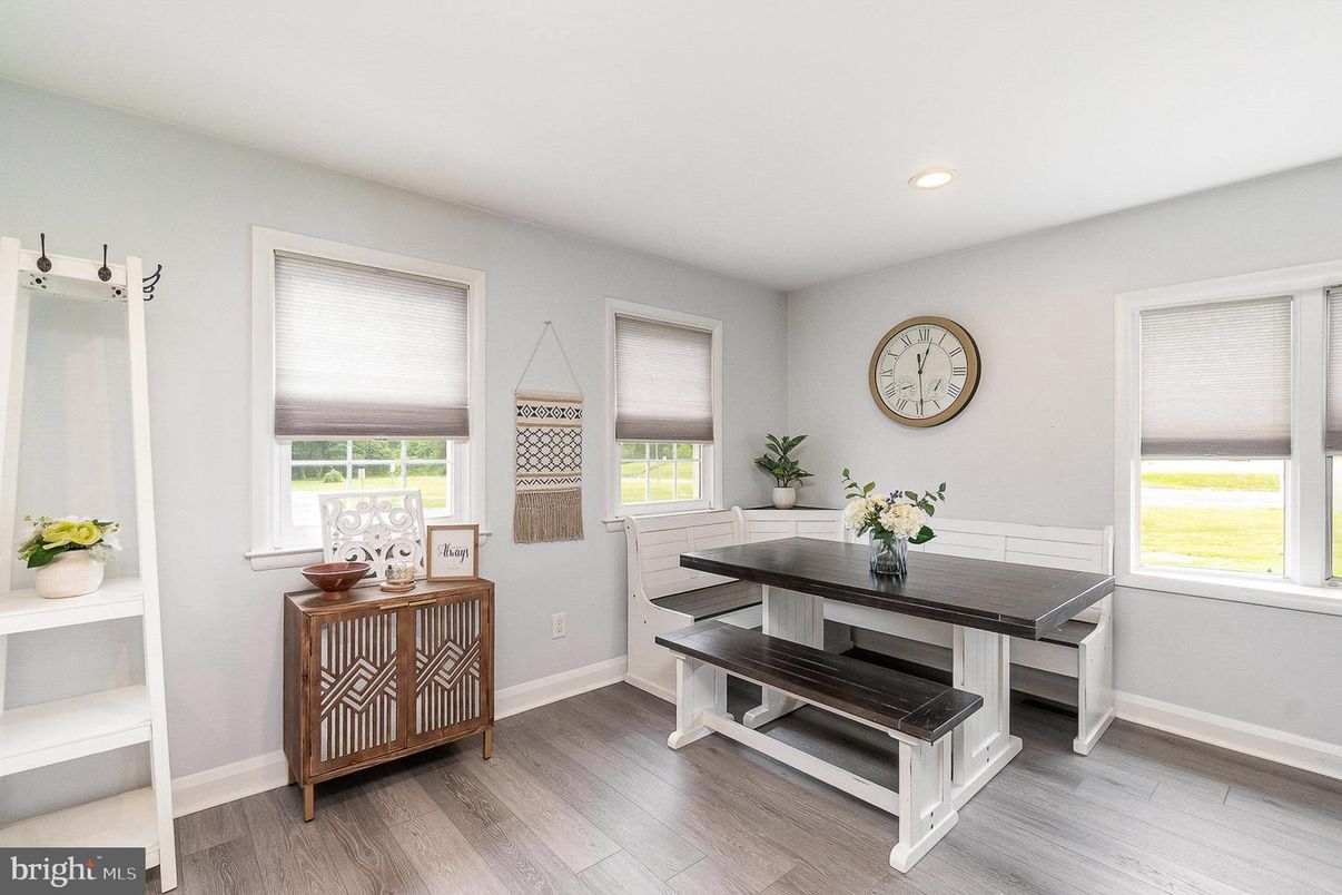 Dining room, Interior, Recessed Lighting, Wood Texture Flooring