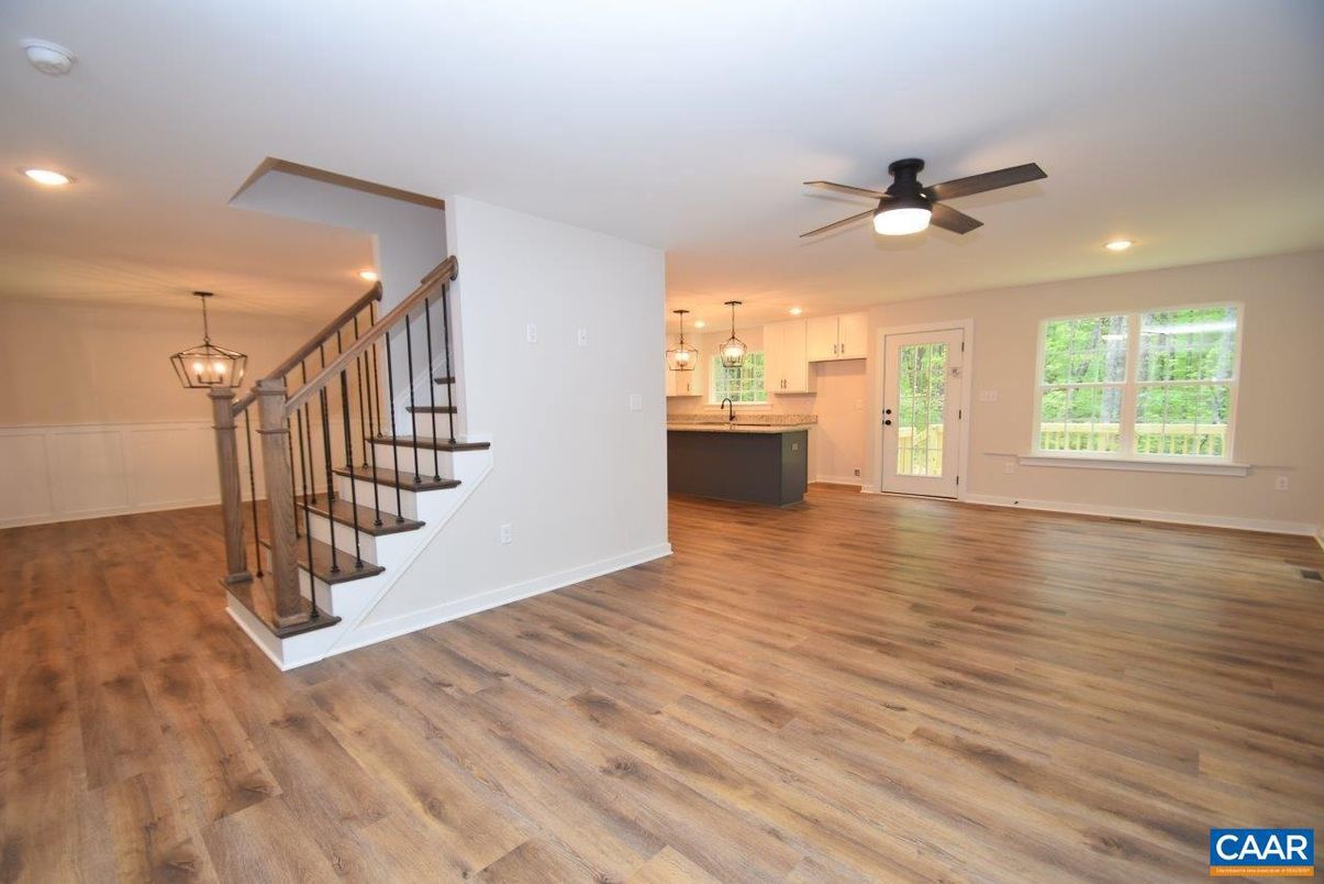 Empty room, Interior, Kitchen, Pendant Lights, Recessed Lighting, Wood Texture Flooring