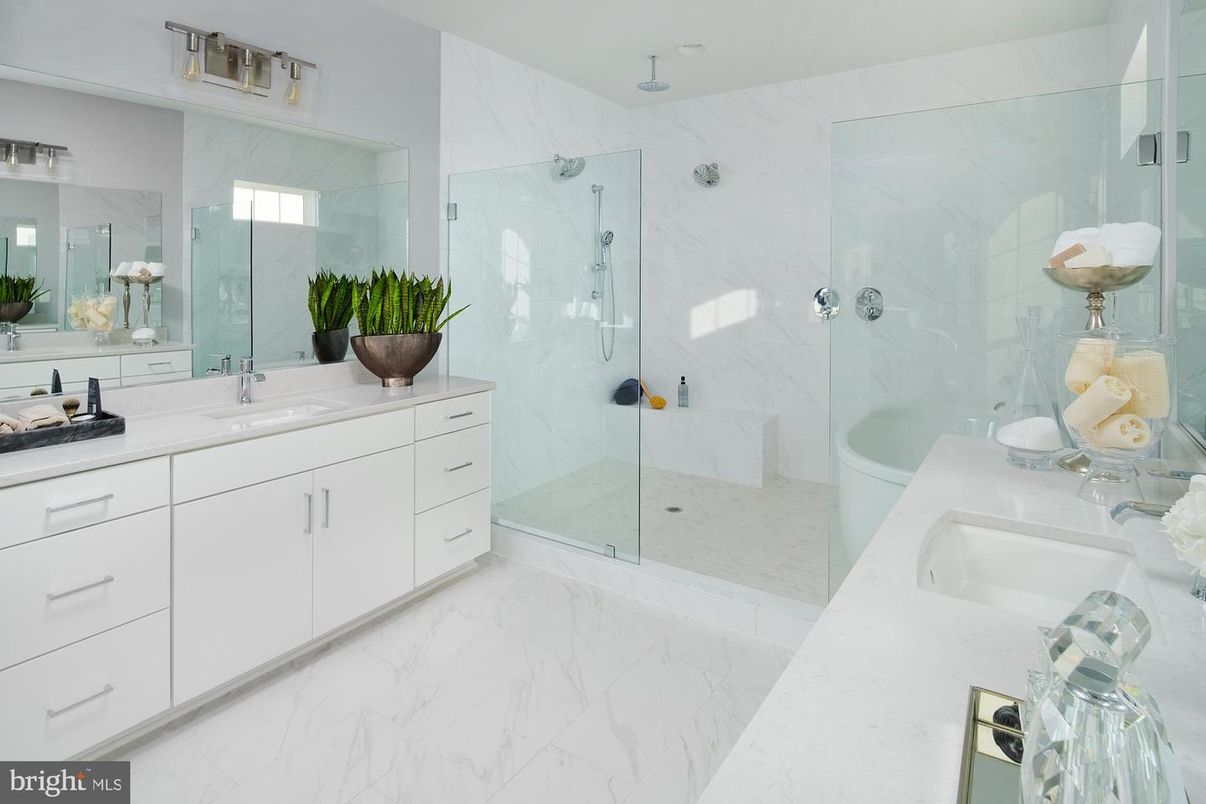 Bathroom, Dual Sink Vanities, Glass Shower, Interior, Marble, Marble Walls