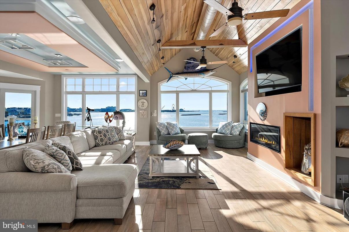 Fireplace, Interior, Living room, Water, Wooden Ceilings, Wood Texture Flooring