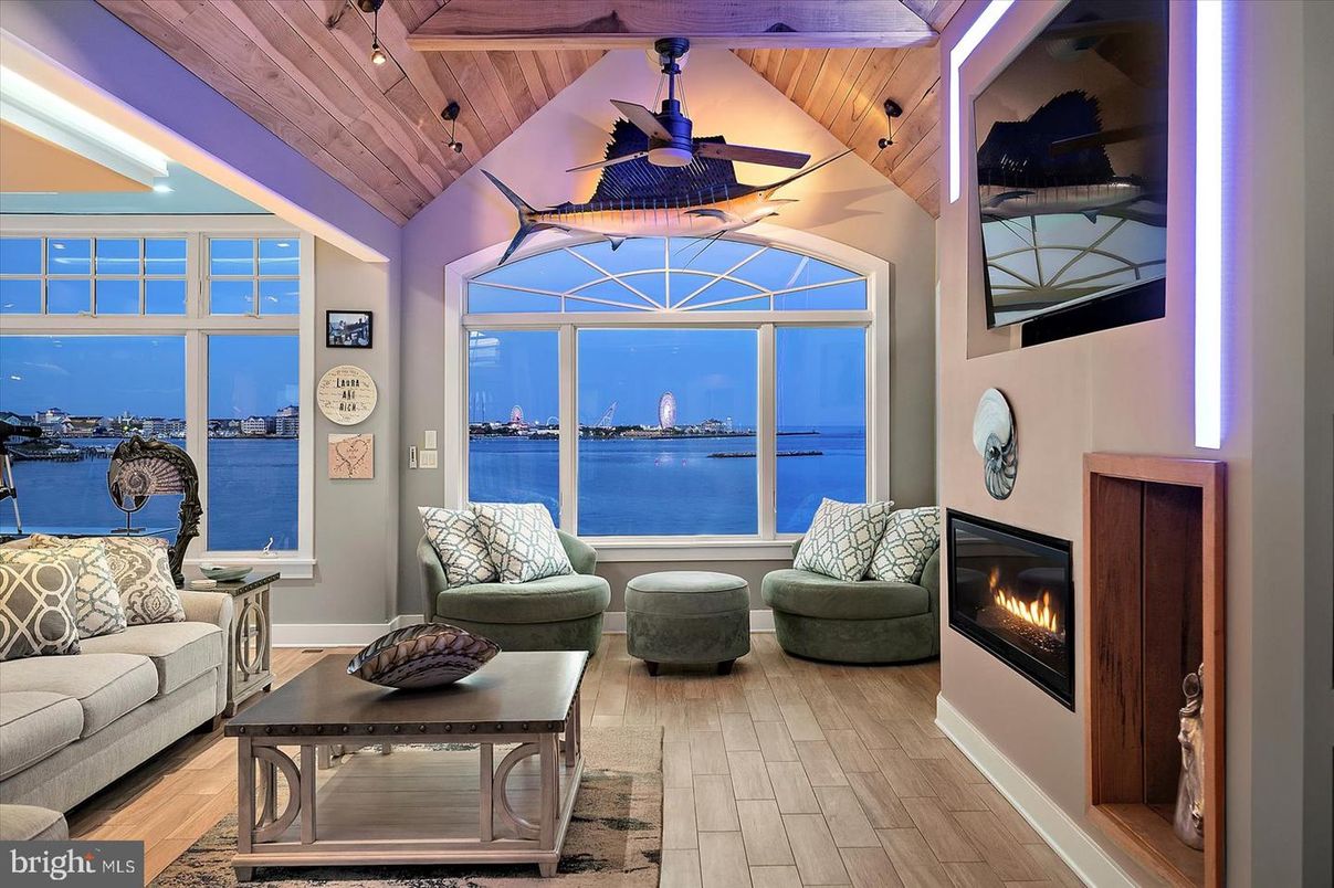 Fireplace, Interior, Living room, Water, Wooden Ceilings, Wood Texture Flooring