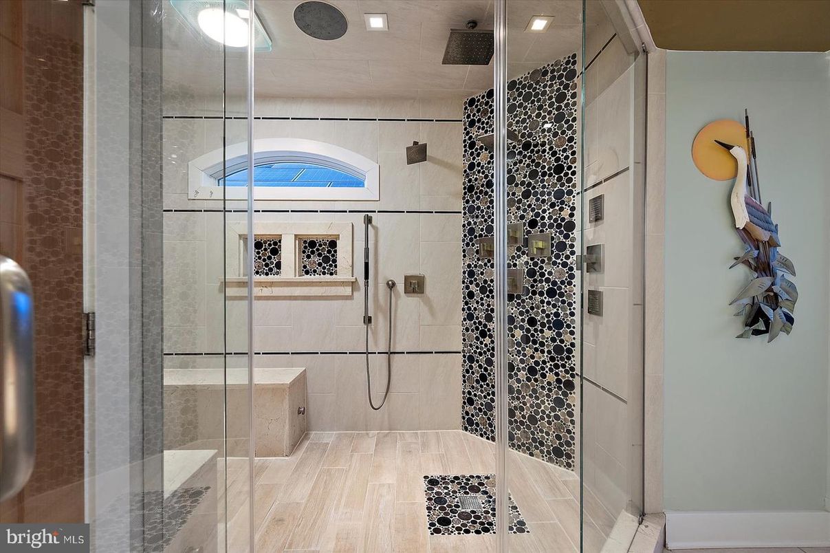 Bathroom, Glass Shower, Interior, Recessed Lighting, Wood Texture Flooring