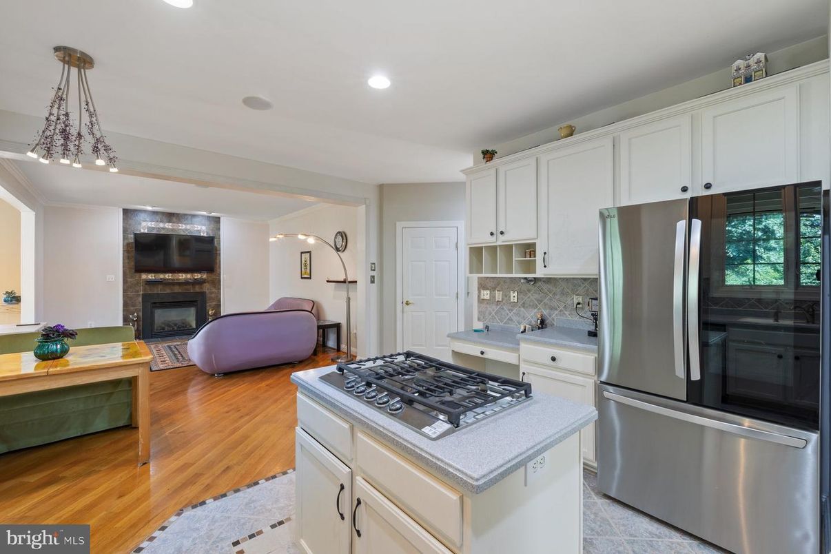 Fireplace, Interior, Kitchen, Living room, Pendant Lights, Recessed Lighting, Stainless Steel Appliances, Wood Texture Flooring