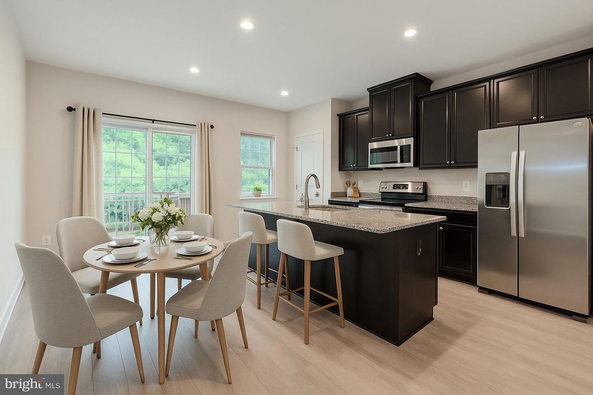 Dining room, Interior, Kitchen, Recessed Lighting, Stainless Steel Appliances, Wood Texture Flooring