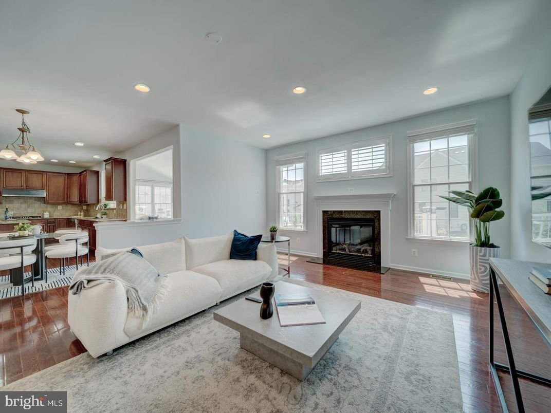 Dining room, Fireplace, Interior, Kitchen, Living room, Pendant Lights, Recessed Lighting, Wood Texture Flooring