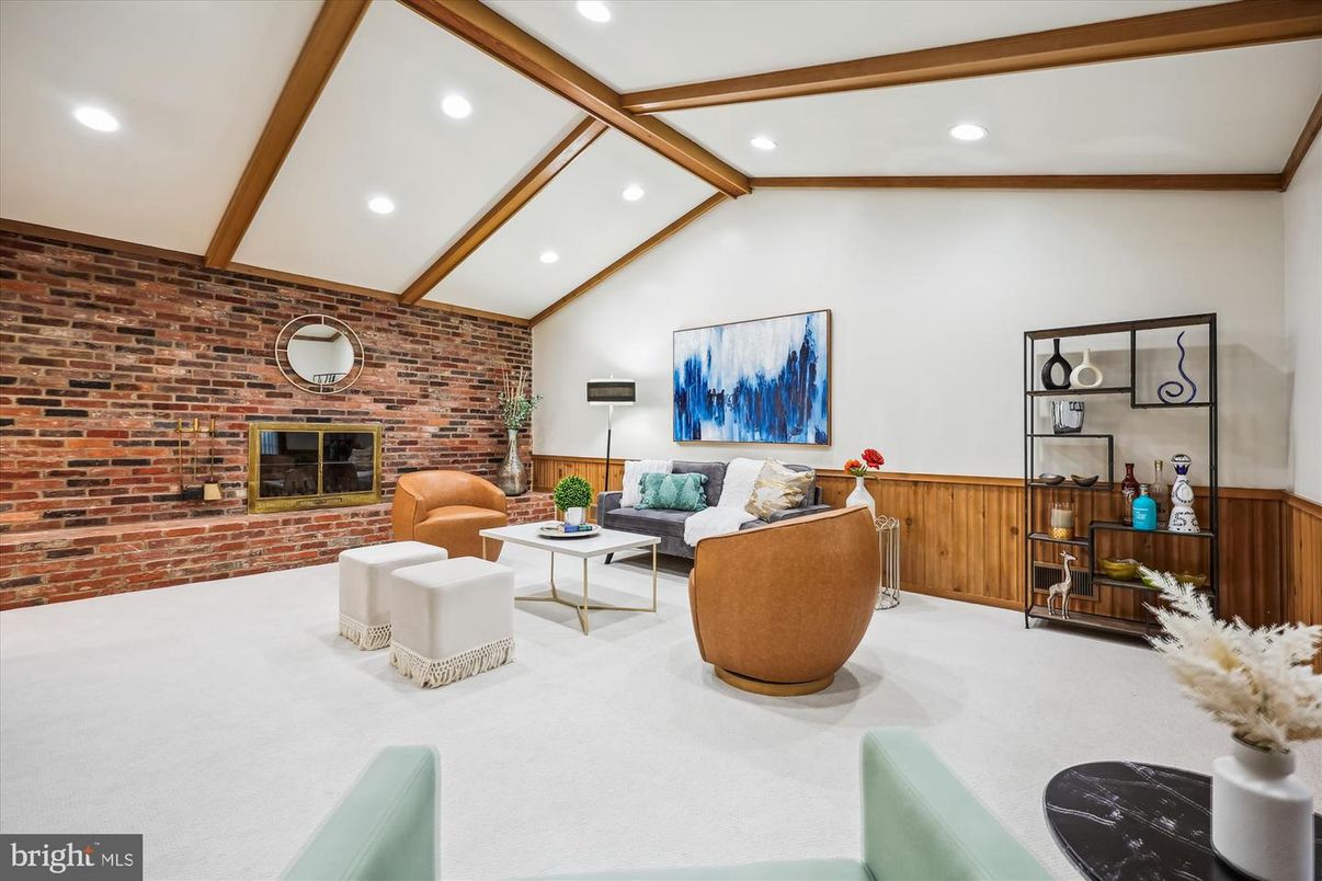 Fireplace, Interior, Living room, Recessed Lighting, Stone Walls, Wooden Beams