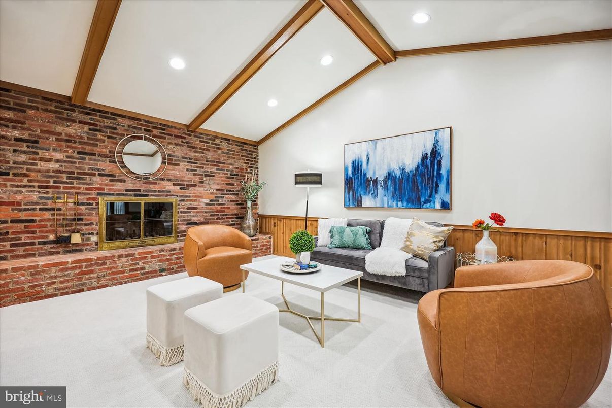 Fireplace, Interior, Living room, Recessed Lighting, Stone Walls, Wooden Beams