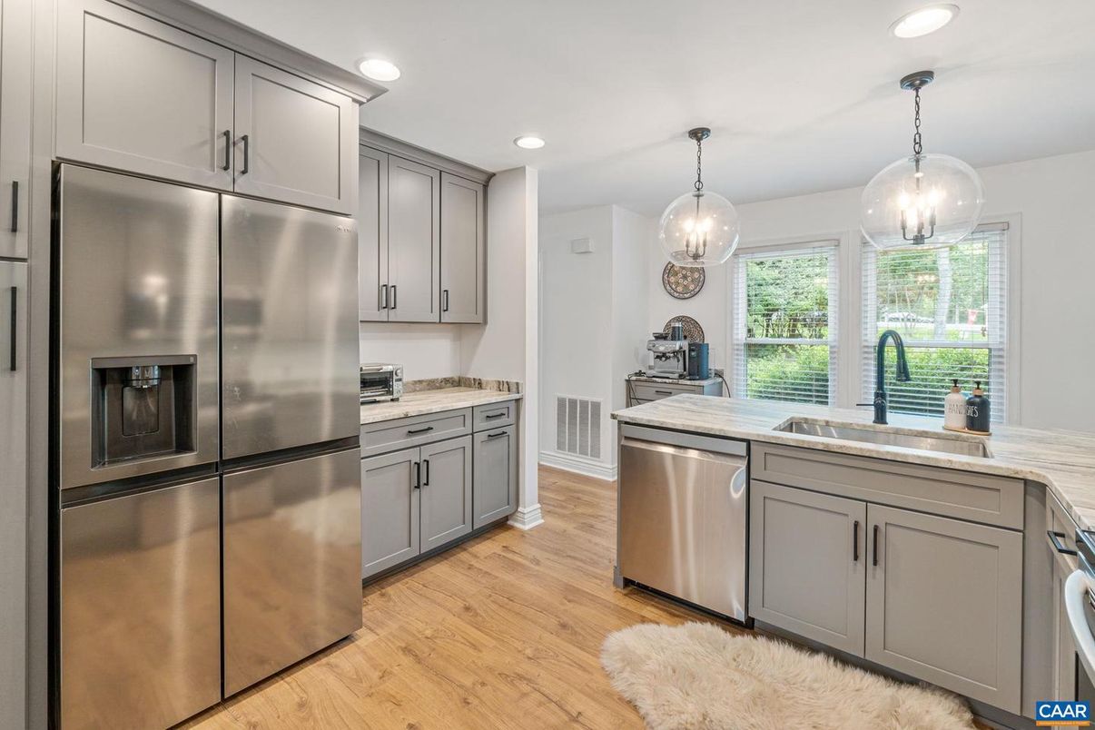 Interior, Kitchen, Pendant Lights, Recessed Lighting, Stainless Steel Appliances, Wood Texture Flooring