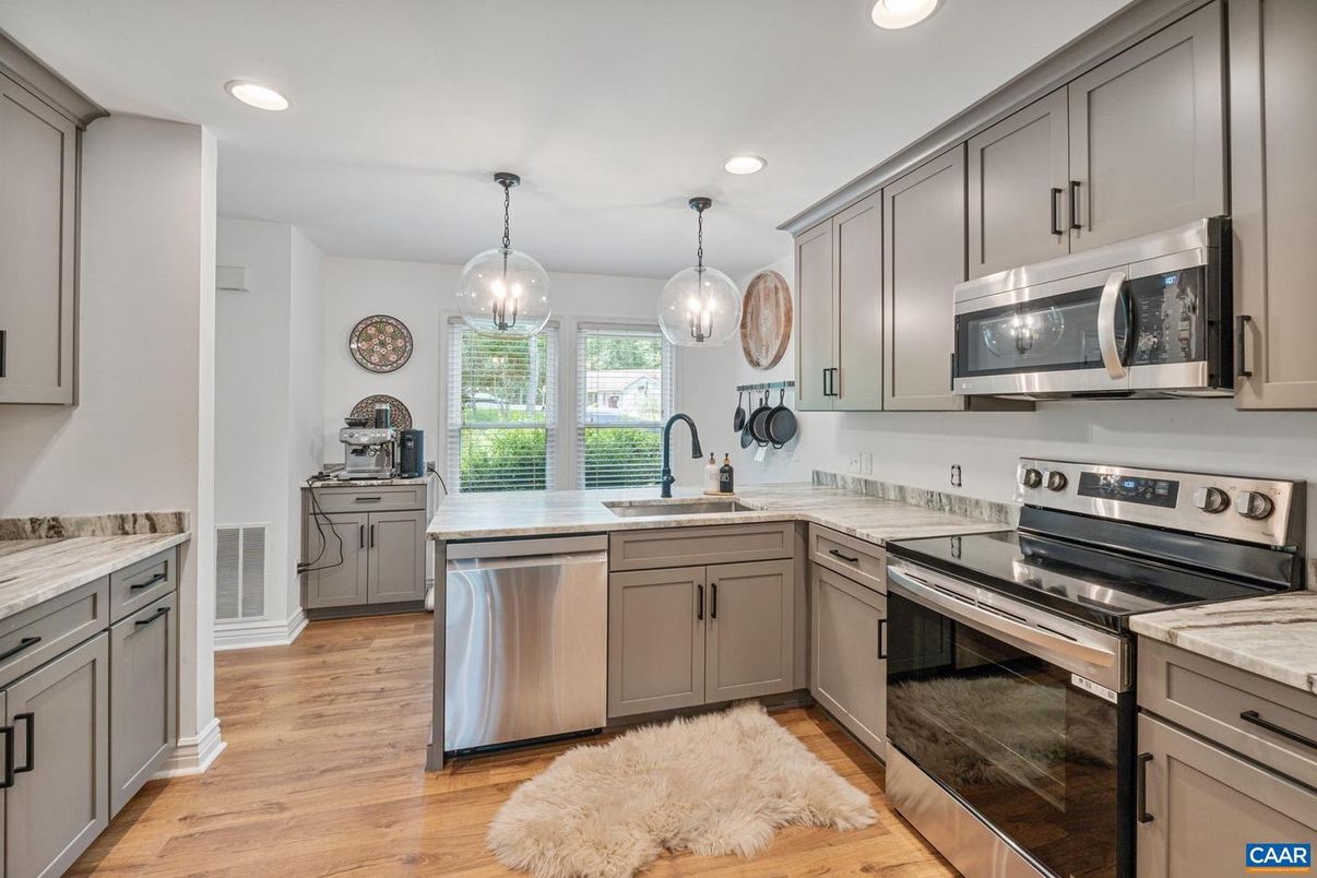 Interior, Kitchen, Pendant Lights, Recessed Lighting, Stainless Steel Appliances, Wood Texture Flooring