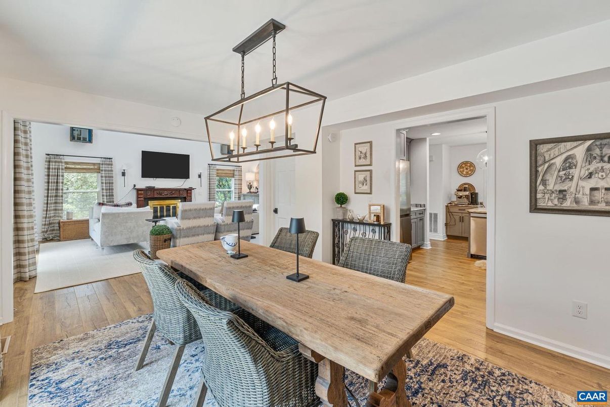 Dining room, Fireplace, Interior, Living room, Pendant Lights, Recessed Lighting, Wood Texture Flooring