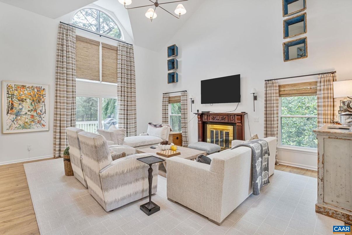 Fireplace, Interior, Living room, Pendant Lights, Wood Texture Flooring