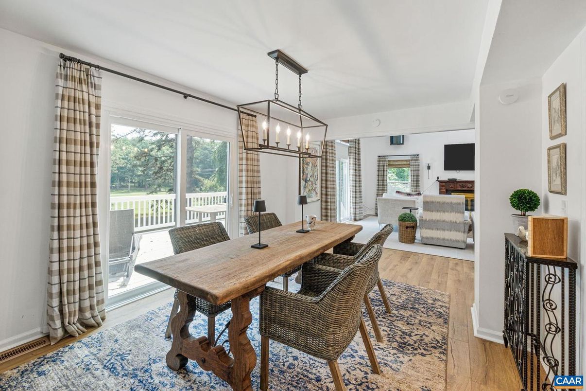 Dining room, Interior, Pendant Lights, Wood Texture Flooring