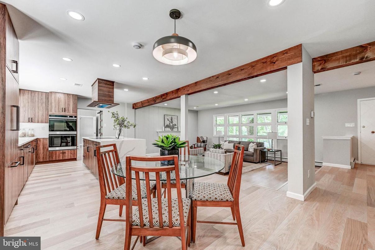 Dining room, Interior, Kitchen, Living room, Pendant Lights, Recessed Lighting, Stainless Steel Appliances, Wooden Beams, Wood Texture Flooring